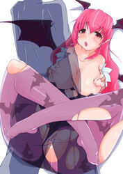 blush breasts clothed_sex clothing cosplay darkstalkers eyebrows_visible_through_hair head_wings jiseki koakuma leg_hold medium_breasts morrigan_aensland_(cosplay) open_mouth pink_hair pointy_ears pussy_juice torn_clothes touhou unseen_male_face wings