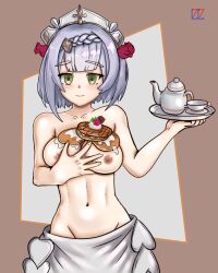 1girls big_breasts food genshin_impact green_eyes maid maid_headdress noelle_(genshin_impact) pancake shellshoker77 short_hair tagme white_hair