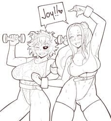 2girls alternate_costume athletic belt big_breasts black_sclera breast_grab cleavage clothed clothed_female clothes clothing cosplay costume crossover dialogue english_text female female_only fit fit_female greyscale headband horns impossible_clothes joylewds large_breasts leotard long_hair looking_at_another mina_ashido monochrome multiple_females multiple_girls my_hero_academia nefertari_vivi one_piece revealing_clothes short_hair speech_bubble sports_bra standing sweat sweatdrop sweaty uncensored underwear weightlifting weights white_background wink workout