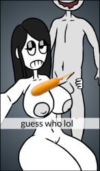 1boy 1boy1girl 1girls 2021 big_breasts big_penis black_hair censored corndog corndogjoe enjoyment fanart goth holding_phone joe_(corndogjoe) looking_at_viewer nude_female nude_male penis_on_breast self_insert snapchat straight taller_female text veronica_(saltynoodles) white_skin