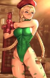 1girls beret blonde_hair breasts cammy_white capcom clyde_s gauntlets leotard long_hair medium_breasts open_eyes solo street_fighter underwear