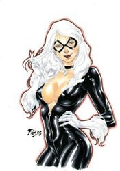 1girls 2019 big_breasts black_bodysuit black_cat_(marvel) blue_eyes bodysuit breasts busty dated domino_mask ed_benes_studio eyeshadow felicia_hardy female female_only fred_benes gloves hand_in_hair hand_on_hips large_breasts lipstick long_hair looking_at_viewer makeup marvel marvel_comics mascara mask pinup red_lips red_lipstick signature smile solo spider-man_(series) traditional_media unzipped_bodysuit white_background white_gloves white_hair zipper zipper_pull_tab