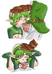 1boy 1girls age_difference blue_eyes blush cum cum_in_mouth fellatio female green_hair kokiri link link_(ocarina_of_time) male ocarina_of_time oral saria short_green_hair short_hair straight the_legend_of_zelda young