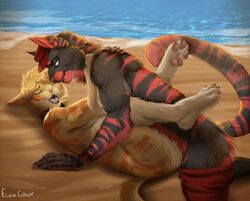 2019 anthro anthro_on_anthro anthro_penetrated anthro_penetrating anthro_penetrating_anthro beach day detailed_background eleacat felid feline fur male male/male male_penetrated male_penetrating male_penetrating_male mammal open_mouth outside penetration red_body red_fur sand seaside shoreline teeth tongue water