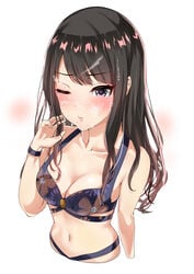 bangs bikini black_hair blush breasts cleavage collarbone cum cum_on_body cum_on_hair cum_on_upper_body eyebrows_visible_through_hair facial female finger_to_cheek grey_eyes highres idolmaster idolmaster_shiny_colors kazano_hiori lips long_hair looking_at_viewer medium_breasts mole mole_under_mouth murabito_c navel one_eye_closed purple_bikini solo stomach swept_bangs swimsuit upper_body watch wristwatch