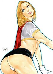 1girls 2019 ass black_miniskirt black_skirt blonde_hair blue_eyes breasts cape dat_ass dated dc dc_comics ed_benes_studio eyeshadow female female_only gloves iago_maia kara_zor-el kryptonian lipstick looking_back makeup mascara miniskirt panties pink_lips pink_lipstick pinup red_cape round_ass shirt short_shirt signature skirt solo supergirl superheroine superman_(series) thighs traditional_media underboob white_background white_gloves white_panties white_shirt