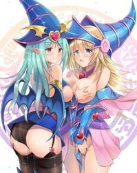 2girls aqua_hair black_thighhighs blonde_hair blush breast_grab choco_magician_girl dark_magician_girl female fingering garter_straps looking_at_viewer multiple_girls nipples open_mouth pussy_juice pussy_juice_drip pussy_juice_on_leg skirt suzuta_yume thighhighs tongue_out wings wizard_hat yu-gi-oh! yuri