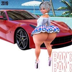 1girls 3d artist_name back_view bangbangrush bare_shoulders big_ass big_butt bimbo bottom_heavy bubble_butt busty butt butt_crack car carmel_(bangbangrush) curvy dat_ass detailed_background eyelashes female female_only gray_hair high_heels hourglass_figure human looking_at_viewer looking_back outdoor outside partially_clothed pose posing rear_view shadow short_hair short_skirt shortstack skirt small_breasts smiling solo spread_legs spreading standing sweater text voluptuous wide_hips