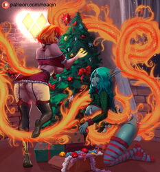 2girls ass bare_shoulders bare_thighs big_breasts blue_hair blue_skin breasts bubble_butt busty butt casmeridian christmas christmas_tree cleavage elf erect_nipples fantasy garter_belt hourglass_figure large_breasts long_hair micro_bikini multiple_girls nipple_bulge noaqin pinup pointy_ears pose posing red_hair sideboob skirt stockings tagme thick_thighs underboob wide_hips