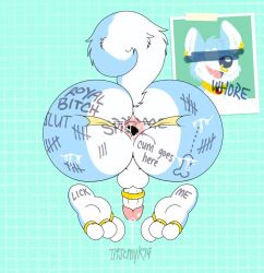 2019 accessory anthro ass balls big_butt biped bodily_fluids body_writing canid canine canis cock_ring cum digital_media_(artwork) flaccid fox genital_fluids genitals glans hi_res huge_butt hybrid jewelry male mammal mana_(manaozyfolf) penis penis_accessory penis_jewelry perineum rear_view simple_background solo tape twistcmyk wolf