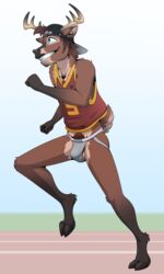 anthro antlers backwards_baseball_cap balls baseball_cap brown_body brown_fur brown_hair bulge cervid chest_tuft clothing cloven_hooves digitigrade fur hair hat headgear headwear hooves horn jersey jockstrap male male_only mammal mostly_clothed outside pubes running shirt smile solo tank_top teeth topwear track tuft underwear zawmg