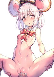 bangs black_legwear blush bow bowtie breasts censored cum cum_in_pussy female granblue_fantasy hair_ornament hairband hairclip highres kneehighs looking_at_viewer medium_hair mosaic_censoring navel nipples nude open_mouth penis pussy red_eyes redcomet sailor_collar sex silver_hair simple_background small_breasts solo spread_legs straight teeth vaginal_penetration vikala_(granblue_fantasy) white_background