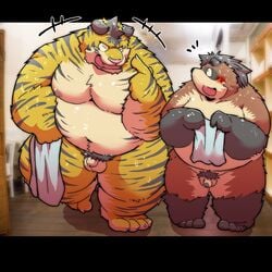 2019 anthro balls belly blush canid canine closed_eyes duo felid flaccid humanoid_penis male male_only mammal moobs navel nipples overweight overweight_male pantherine penis pubes raccoon_dog small_penis suishou0602 tanuki tiger towel wet