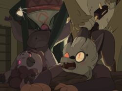 absurd_res anthro bed bodily_fluids camera drooling duo_focus female female_penetrated floraverse furniture glowing glowing_eyes group hi_res jaylen_the_meowstic jupet_(floraverse) krypto_(floraverse) male male_penetrating male_penetrating_female moahu nekopossum parallel_sex penetration saliva scrapgoat singing_rabbit straight vaginal_penetration webcomic