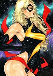 1girls 2019 avengers big_breasts black_gloves black_leotard blonde_hair breasts busty carol_danvers closed_eyes dated domino_mask ed_benes_studio eyeshadow female female_only from_side gloves large_breasts leotard lipstick makeup mariah_benes marvel marvel_comics mascara mask ms._marvel ms._marvel_(carol_danvers) nipple_bulge pinup red_lips red_lipstick red_sash sash signature solo standing starry_background superheroine thighs traditional_media