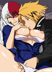 1boy 1girls anonima7u7 beige_belt burn_scar closed_eyes denki_kaminari female_todoroki genderswap grabbing_own_breast hand_in_panties holding_another's_head multicolored_hair my_hero_academia red_hair rule_63 shouto_todoroki tagme white_hair yellow_hair