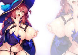 ahoge black-framed_eyewear black_legwear black_panties blush braid breasts cape cowboy_shot cum cum_on_body cum_on_breasts cum_on_upper_body curvy detached_sleeves female finger_licking garter_belt hair_between_eyes hat hat_ribbon huge_breasts jewelry lace lace-trimmed_panties licking long_hair looking_at_viewer navel nipple_tweak nipples open_mouth original ouma_tokiichi panties pendant red_eyes red_hair ribbon saliva semi-rimless_eyewear solo stomach sweat thighhighs tongue tongue_out twin_braids under-rim_eyewear underwear witch witch_hat