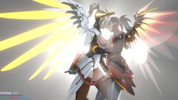 2girls 3d alternate_costume black_hair blonde_hair breasts demonic devil_mercy female female_only hand_on_waist hands_on_waist holding_tail human imminent_kiss mercy nisamasfm overwatch partially_clothed selfcest simple_background tagme tail wings yuri