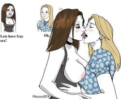 2girls areola areolae aroused artist_name big_breasts blonde blonde_hair blush blushing breasts breasts_out brown_hair busty choker closed_eyes clothes_writing clothing dialogue dress earrings english_text eyelashes eyes_closed eyeshadow female female_focus female_only freckles huge_breasts kiss kissing large_breasts lesbian lips long_hair meme mommy_e-thot multiple_girls nails nastacicnsfw nipples no_bra open_mouth original partially_clothed shiny_hair tank_top tank_top_pull teeth text tongue tongue_kiss tongue_out tradwife upper_body voluptuous white_background white_skin wojak_comics yuri