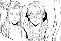 4girls anna_(tekuho) braces braided_hair braided_twintails braids glasses monochrome sexually_suggestive sketch teenager tekuho twintails