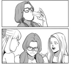 3girls anna_(tekuho) blonde_hair comic drinking glasses greyscale original sketch teenager tekuho twintails