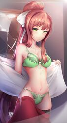 1girls bow bow_panties brown_hair cute doki_doki_literature_club female female_only green_bra green_eyes green_panties hair_ribbon hairbow lingerie long_hair long_ponytail looking_at_viewer medium_breasts monika_(doki_doki_literature_club) panties ponytail ribbon small_ass smile solo solo_female thick_thighs tsukimaru underwear undressing white_bow white_ribbon