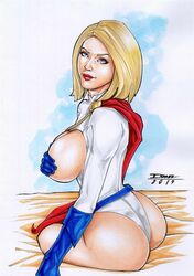 1girls 2019 ass bed big_breasts blonde_hair blue_eyes blue_gloves breasts breasts_out busty cape cleavage cleavage_cutout covering_breasts dated dc dc_comics ed_benes_studio eyeshadow female female_only gloves israel_(artist) justice_society_of_america karen_starr large_breasts leotard lipstick looking_at_viewer looking_back looking_back_at_viewer makeup mascara pinup power_girl red_cape red_lips red_lipstick short_hair signature sitting solo traditional_media white_leotard