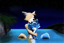 2008 7exor anthro blue_body blue_fur blue_hair canid canine duo female fox fox_mccloud fur hair hug jewelry krystal looking_pleasured male mammal night nintendo nude romantic_couple simple_background size_difference skinny_dipping star_fox straight video_games