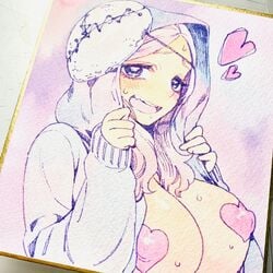 1girls blush breasts breasts_out dbd dead_by_daylight female heart heart_pasties hoodie looking_at_viewer mask mask_on_head nipple_covers odashi pasties photo_(medium) pink_hair pink_heart_pasties pink_pasties susie_(dead_by_daylight) sweat the_legion traditional_art