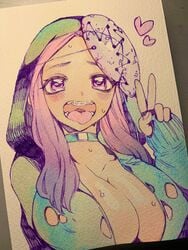 adorable braces breasts breasts_out choker dbd dead_by_daylight female heart hoodie looking_at_viewer mask mask_on_head no_bra odashi open_mouth peace_sign photo_(medium) pink_eyes pink_hair ripped_clothing susie_(dead_by_daylight) the_legion traditional_art