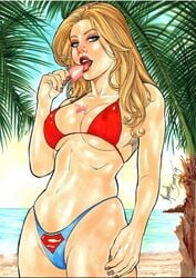 1girls 2019 beach big_breasts bikini bikini_bottom bikini_top blonde_hair blue_bikini_bottom blue_eyes blue_panties blue_thong bra breasts brown_nail_polish brown_nails busty cowboy_shot dated dc dc_comics ed_benes_studio eyelashes eyeshadow female female_only island kara_danvers kara_zor-el large_breasts licking licking_popsicle light_skin lipstick logo_panties looking_at_viewer makeup mariah_benes mascara nail_polish naughty_face ocean oral_insinuation pale_skin palm_tree panties pinup popsicle print_panties pussy red_bikini_top red_bra red_lips red_lipstick sand signature slim solo standing supergirl supergirl_panties superheroine superman_(series) thighs thong tongue tongue_out traditional_media tree water