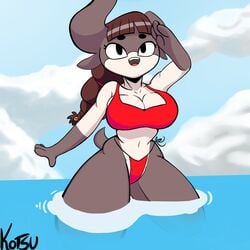 anthro armpits bovid bovine breasts female furry hair horns kotsu long_hair looking_back mammal original partially_submerged sibling sky smile swimsuit water xingyun