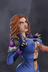 athletic big_breasts big_penis blue_eyes bodysuit breasts busty cleavage cum cum_between_breasts cum_in_mouth cum_on_face deeaquifolium deep_cleavage erect_nipple eyelashes eyeliner female female_focus fingerless_gloves hourglass_figure large_breasts large_penis lipstick long_hair male nail_polish navel nipple_bulge paizuri paizuri_under_clothes penis pose posing red_hair tagme thick_penis titjob wide_hips