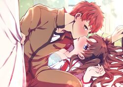 1boy a_sanagi_a black_hair blue_eyes curtains emiya_shirou fate/stay_night fate_(series) female highres homurahara_academy_uniform kissing male red_hair school_uniform tohsaka_rin twintails yellow_eyes