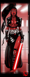 athletic barefoot big_breasts black_hair breasts busty cleavage darth_maladi female female_focus female_only fingerless_gloves ganassa hourglass_figure legband lightsaber lipstick long_hair navel pinup ponytail red_skin sideboob sith solo standing star_wars star_wars:_legacy tagme tattoo tied_hair toeless_legwear underboob wide_hips