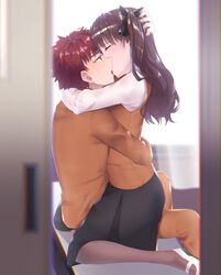 1boy black_hair closed_eyes emiya_shirou fate/stay_night fate_(series) female highres hobby_0203159 homurahara_academy_uniform kissing long_hair male red_hair school_uniform tohsaka_rin twintails