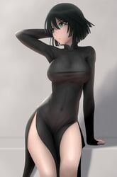 big_breasts black_hair female_only fubuki_(one-punch_man) green_eyes one-punch_man see-through short_hair siraha solo tight_clothing