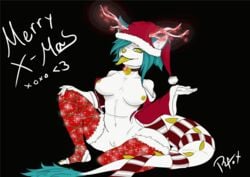 2019 animal_humanoid animated anthro big_breasts black_background breasts christmas clothed clothing domestic_cat dragon dragon_humanoid english_text felid feline felis female fur furry_dragon hair hi_res holidays humanoid mammal mimic_dragon nipples nude pussy rollfox scales simple_background smile text thick_thighs white_body white_fur white_scales