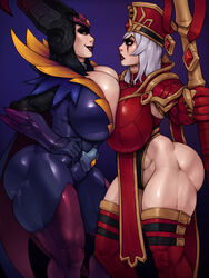 2girls abs alexstrasza angry ass big_ass big_breasts bimbo bodysuit breast_press breasts duo eye_contact female female_only hand_on_hips heroes_of_the_storm hip_grab huge_ass huge_breasts human large_ass large_breasts lips muscular_female naughty_face pale-skinned_female pale_skin rampage0118 sally_whitemane seductive seductive_smile sideboob skimpy_outfit skintight smile thick_thighs thighhighs thunder_thighs white_hair world_of_warcraft