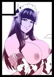 1girls animal_humanoid bell big_breasts bodily_fluids bovid bovid_humanoid bovine bovine_humanoid breasts cattle_humanoid clothed clothing collar cow_girl curvy_figure female hair holding_breast horns humanoid lactating looking_at_viewer mammal mammal_humanoid purple_hair simple_background smile solo topless voluptuous white_background zexxck