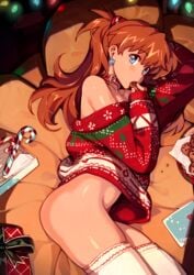 1girls ass asuka_langley_sohryu blue_eyes bottomless candy candy_cane choker christmas clothing collar cookie earring earrings eating female female_only food hair_ornament human long_hair looking_at_viewer neon_genesis_evangelion optionaltypo orange_hair red_hair solo solo_female stockings sweater thighhighs