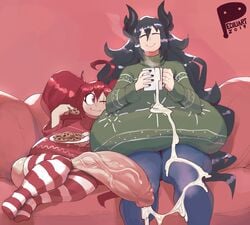 big_breasts big_penis black_hair black_nails cassandra_sakyubasu cum cum_in_cup cum_on_clothes eva_(chaozmaelstrom) futanari horns huge_breasts huge_cock intersex jeans nipple_bulge peculiart red_eyes red_hair scar sweater thighhighs