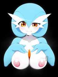 1girls 3_fingers alternate_color anthro anthrofied areolae big_breasts black_background blue_hair blue_skin blush breasts eye_contact eyelashes female female_only gardevoir hands_on_breasts inverted_nipples iryanic looking_at_viewer nintendo nipples pink_skin pokémon_(species) pokemon pokemon_(species) pokemon_rse pose red_eyes shiny_pokemon short_hair solo text topless watermark white_skin