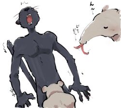 2019 41raco 5_fingers anteater athletic athletic_male beastars black_body black_fur black_nose closed_eyes duo felid fingers fur hi_res humanoid_hands kibi_(beastars) kirupi licking male male/male mammal open_mouth oral pantherine pilosan shirako signature simple_background tao_(beastars) tongue tongue_out white_background xenarthran