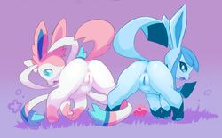 2girls anus ass blue_eyes blush canine duo eeveelution female feral furry glaceon gradient_background nintendo open_mouth otsu pawpads paws pokémon_(species) poke_ball pokemon pokemon_dppt pokemon_xy presenting presenting_hindquarters pussy simple_background smile sylveon teal_eyes video_games