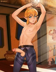 1boy adjusting_hair armpits arms_up ass_visible_through_thighs bdone belt blonde_hair blue_eyes blush breath_of_the_wild censored character_in_background collarbone dildo elf erection eyebrows_visible_through_hair femboy flat_chest has_uncensored_version indoors inferior_version link link_(breath_of_the_wild) looking_at_viewer male_only mosaic_censoring navel nipples parted_lips penis pointy_ears rehydrated_ganondorf skin_tight the_legend_of_zelda topless trap