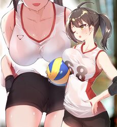 1girls ass azur_lane baltimore_(azur_lane) black_hair breasts cameltoe female hato_haru long_hair medium_breasts multiple_views pantylines shorts smile solo sweat sweatdrop wet