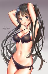 armpits arms_behind_head arms_up bikini blush cleavage female female_only k-on! kaptivate long_hair looking_at_viewer mio_akiyama_(k-on!) navel open_mouth solo swimsuits tagme