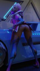 1girls 3d ass bent_over blender blizzard_entertainment blue_eyes butt car dark-skinned_female dark_skin female female_only jhall looking_at_viewer multicolored_hair overwatch partially_clothed seductive sombra virus_sombra