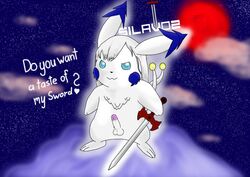 1boy alternate_color blue_eyes fur furry male nintendo open_eyes original_character penis pikachu pokemon pokemon_rgby silavos silavos_snow sword tail text watermark white_fur